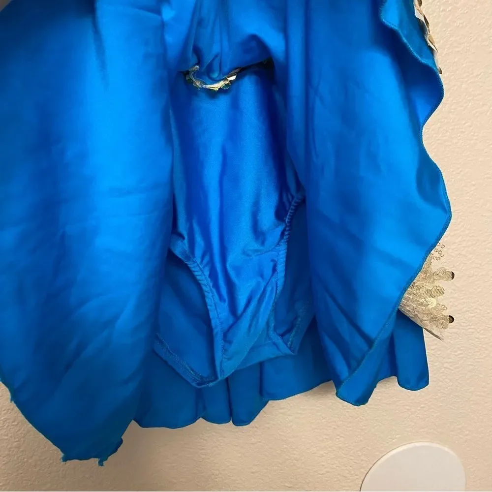Glamour solo dance costume blue faux leather lace up dress XLC child SA NWT